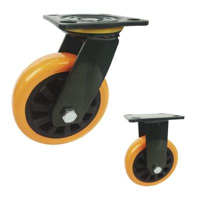 China 230kg que carga los echadores resistentes del eslabón giratorio con el freno, PU anaranjada ruedas del echador de 5 pulgadas en venta