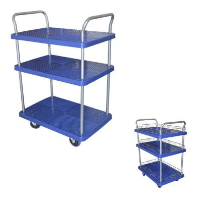 China 900x600mm Three Decker Plastic Platform Trolleys With 660lbs Capacity for sale