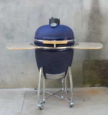 China Barbecue Ceramic Kamado Grill Outdoor 22 Inch Navy Color With Cart And Side Tables for sale