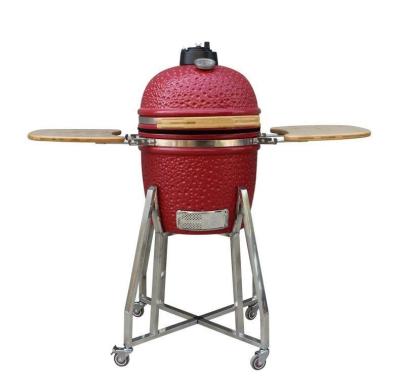 China Stainless Steel Ceramic 15 Inch Kamado Grill Red Color 39cm With Cart And Side Tables for sale