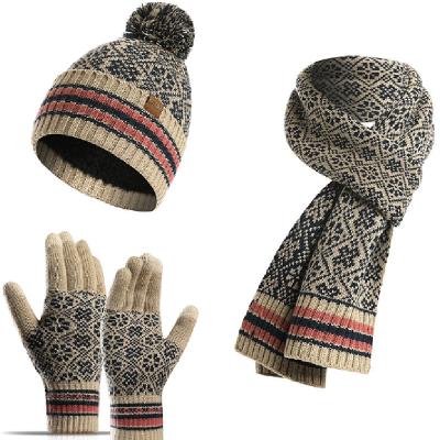 中国 3 In 1 Winter Knited Beanie Scarf Set Knitted Hat Set With Touchscreen Gloves Promotional Gift In Winter 販売のため