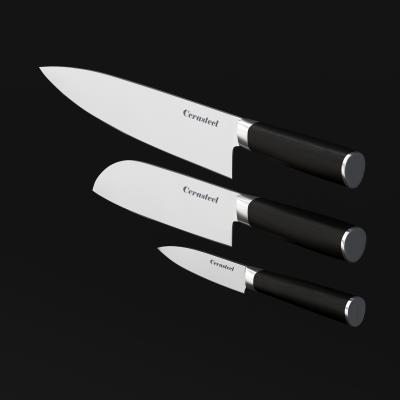 Chine Ensemble de 3 couteaux Cerasteel (3,5''Paring, 6''Santoku, 8''Chef) avec manche en bois noir Pakka à vendre