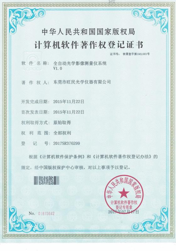 Computer software copyright registration certificate - Dongguan Wang Min Optical Instrument Co., Ltd.
