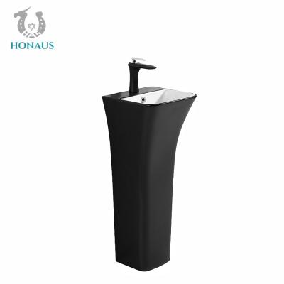 China Self Cleaning Glaze Black Pedestal Sink Vertical Column Porcelain Pedestal Basin for sale