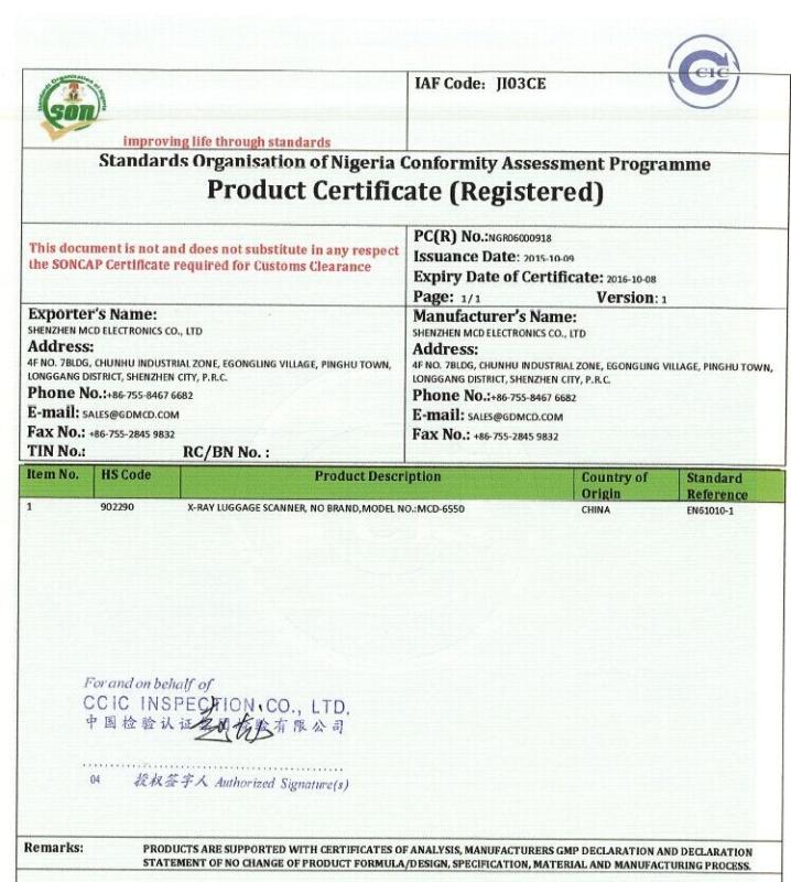 product certificate - Shenzhen MCD Electronics Co., Ltd.