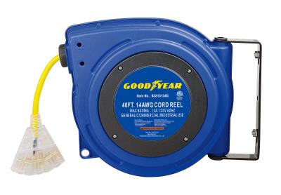 China 125 Volt 13 Amp 3 Core Compact Goodyear Hose Reel With Reset Button for sale