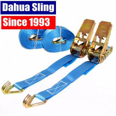 China 25mm Blue Motorcycle / Ratchet Tie Down Straps With Double J  Hook 100% Polyester for sale
