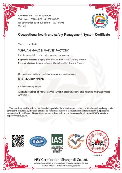 Occupational health and safety Management System Certificate - Yuhuan HVAC Valve Factory
