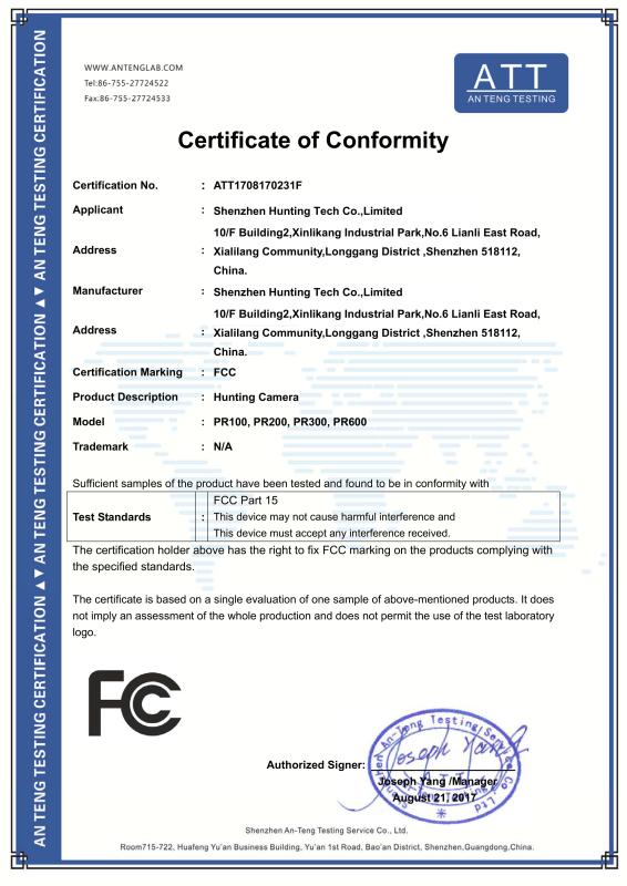 FCC - Shenzhen Hunting Tech Co., Ltd.