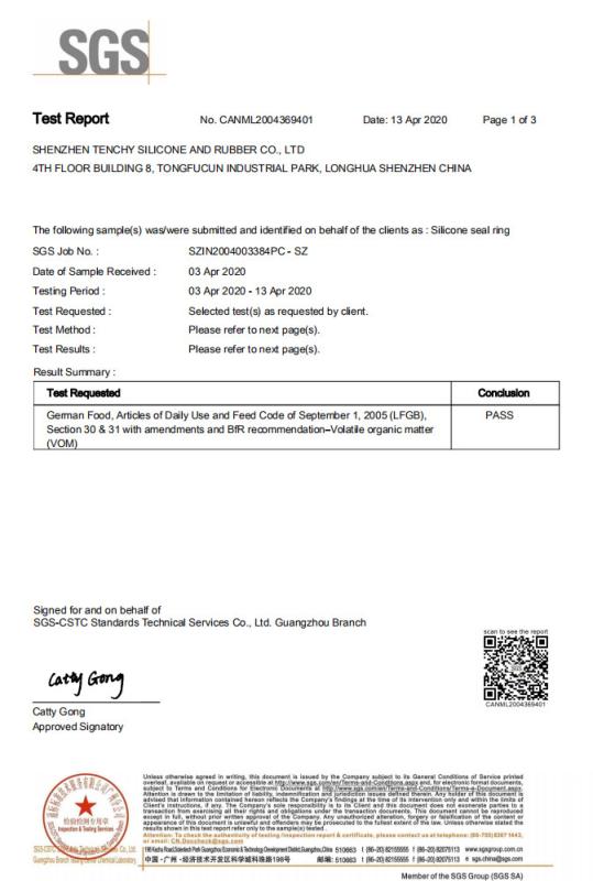 LFGB-German Food, Articles of Daily Use and Feed Code of September 1, 2005(LFGB) - Shenzhen Tenchy Silicone&Rubber Co.,Ltd