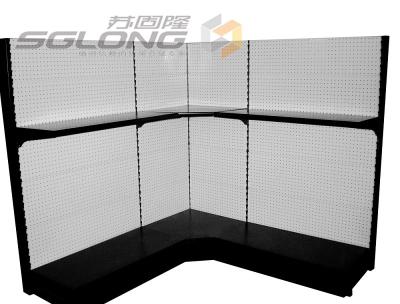 China Punch Board Retail Gondola Shelving Perforated Corner Shelf Color Optional for sale