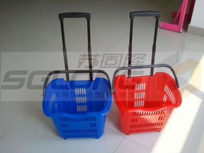 China Supermarket Plastic Shopping Basket With Wheels , Castor Rolling Shopping Basket for sale