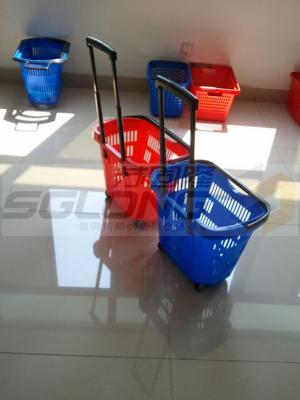 China Blue / Red Rolling Large Shopping Basket Long Handle For Supermarket for sale