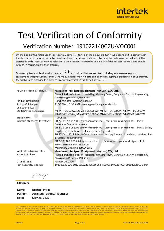 Test Verification of Conformity - Shenzhen Herolaser Equipment Co., Ltd.