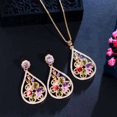 China Women CZ zircon pendant necklace earrings ring copper jewelry set CZ Crystal Necklace and Earring Sets for sale
