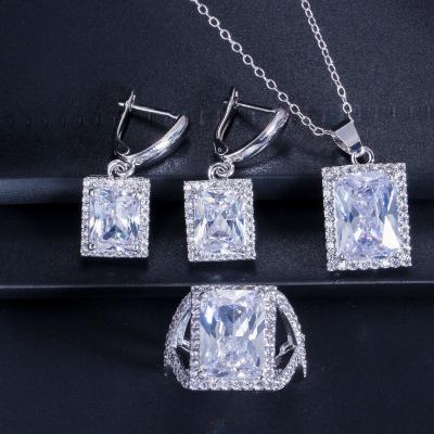 China Fashion Square Shiny Rhinestones Necklace Ring Earrings Wedding Jewelry Elegant Luxury New Women Jewelry Sets for sale