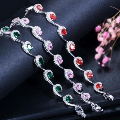 China Lovely Women Four Round Bracelet Red CZ Stone Bracelet Setting Crystal Fashion Tennis Bracelet for Wedding Gift for sale