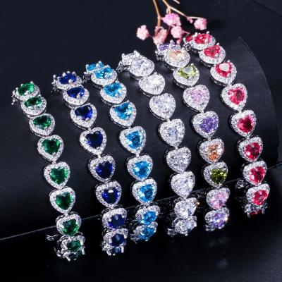 China Elegant Prom Party Bracelets Jewelry Heart Shape Bracelets Blue Purple Red Green Yellow Crystal Stone Charm Bracelets for sale