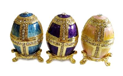 China Hollow Faberge Egg Jewelry Easter Egg Trinket Box Crafts Russian Easter Metal Rhinestones Faberge Egg Jewelry Box for sale