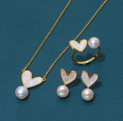 China Natural Pearl Shell Chokers Necklace Heart Shape 925 Sterling Silver Necklace Shell Earring Ring Jewelry for Women Gift for sale