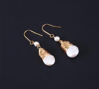 China New Baroque Pearl Stud Earrings For Women Hand made Metallic Twist Braided Design Pearl Natural Baroque Pearl Earring for sale