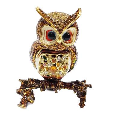 China Beautiful owl handpaint metal jewelry box rhinestone owl birds enamel trinket boxes for sale