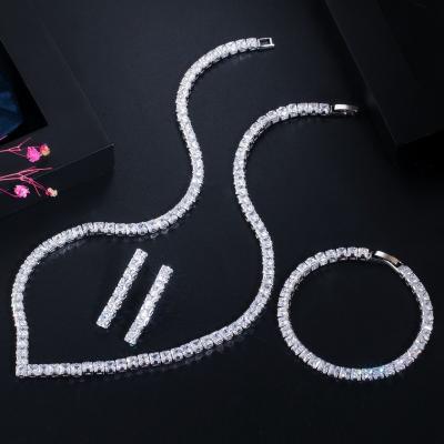 China White Gold Color Luxury Bridal CZ Crystal Necklace and Earring Sets Big Wedding Jewelry Sets For Brides for sale