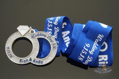 China Wedding Day 5K Running Metal Medal With Soft Enamel And Glitter Colors , Printing Ribbon for sale