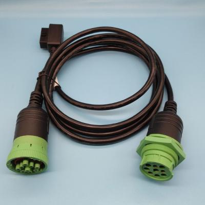 China Green Deutsch 9 Pin Female to Right Angle OBD2 OBD-II Female and Threaded J1939 Jamnut Male Splitter Y Cable for sale