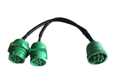 China Green Deutsch 9 Pin J1939 Female to J1939 Male Square Flange and Threaded J1939 Male Split Y Cable for sale