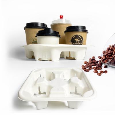 China Sugarcane Pulp Coffee Drinks 4 Biodegradable Takeaway Disposable Cup Holder Tray Cup Carrier for sale