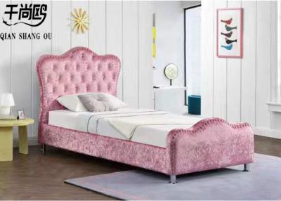 China Pink Broken Velvet Fabric Upholstered Soft Floor Princess Bed Diamond Button for sale