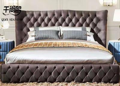 China American Style Brown Leather Velvet Fabric Bed , Wooden Frame King Size Bed for sale