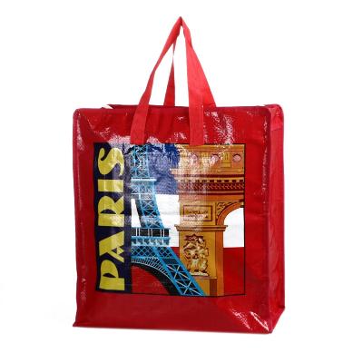 China Bolso de bolsillo con logotipo personalizado, impermeable, laminado, tejido, bolsillo de compras con cierre de cremallera en venta