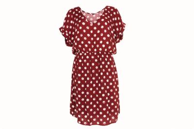 Китай V - дамы эластичной резиновой ленты шеи одевают платье 100% точки польки вискозы одежды красное продается