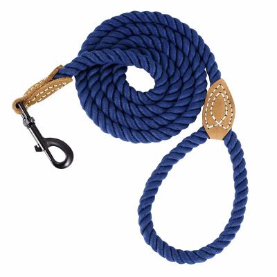 China Braided Cotton Dog Leash With Leather Tailor Handle Heavy Duty Metal Sturdy Clasp for sale