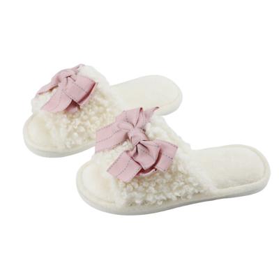 China Women Soft Sherpa With Bowknot Memory Foam Slide Lady Fluffy Slide Open Toe Slippers for sale