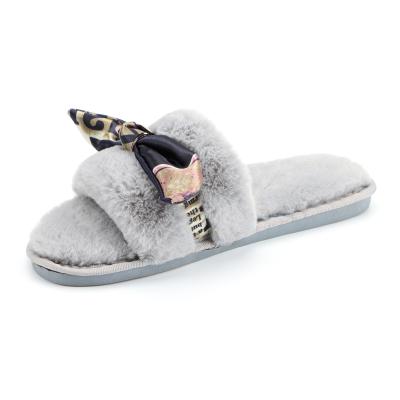China Fashion Women Faux Fur Slider Slippers Fluffy House Slide Scarf bow Winter Slippers Open Toe  shoes for sale