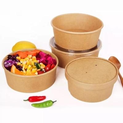 China Sustainable 1000ML 32OZ Take Away Paper Container Salad Bowls Disposable Kraft Paper Round Bowl for sale