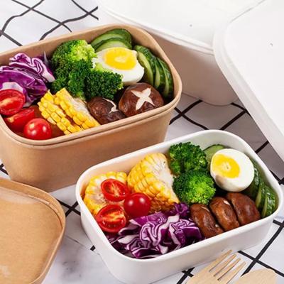 China 20oz Hot Selling Biodegradable Square Rectangle Box Kraft Paper Fast Food Salad Square Bowl for sale