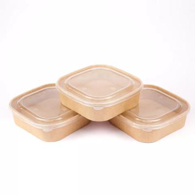 China Custom Printing Disposable Kraft Paper Bowl Square With Plastic Lid Take Away Food Packing Container On Sale for sale