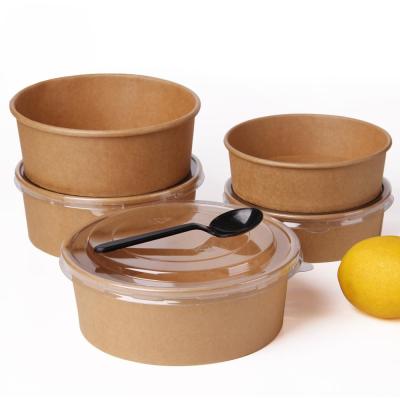 China 750ML Disposable Brown Kraft disposable Paper Salad Bowl With PET Lid for sale