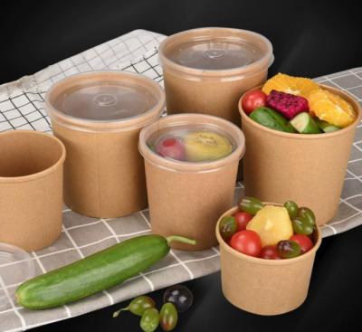 China Brown Disposable Paper Soup Bowl Takeout Round Paper Soup Cup With Lids for sale