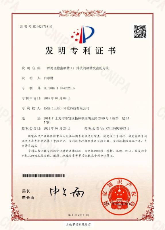 Patent Cerfificate - Geling(Shanghai) Environmental Technology Co., Ltd.