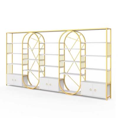 China Versatile Cosmetic Luxury Display Cabinets MultiLayer Marble Shelving Golden Body for sale