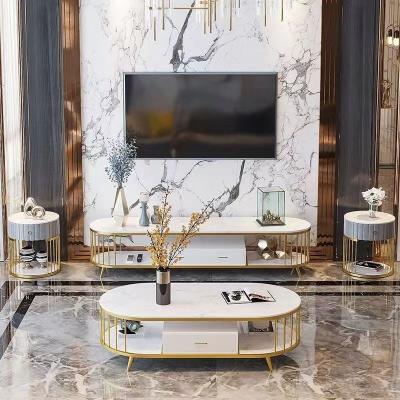 China Marble Oval Hotel Room Cabinets Hollowed Out Metal TV End Table Media Cabinet for sale