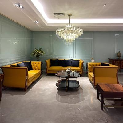 China Vintage Hotel Lobby Furniture Wooden Frame Chesterfield Leather Villa Sofa Set for sale