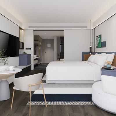 China Custom Walnut Wood Finish Hotel Bedroom Furniture King Guest Room Layout Full Set zu verkaufen