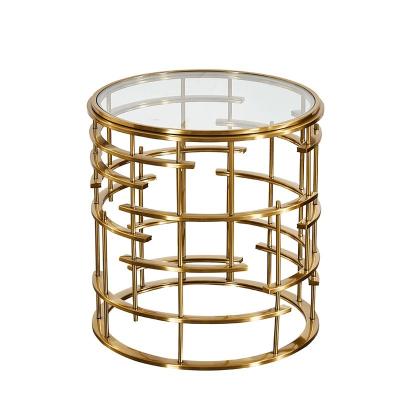 China Golden Metal Corner Table Sofa Side Table Round Glass Table Top Bedside Table for sale