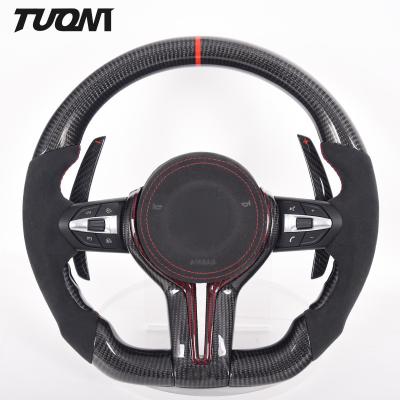 China Red Stripes Black Alcantara Bmw Carbon Fiber Steering Wheel Plain Weave With Paddles for sale